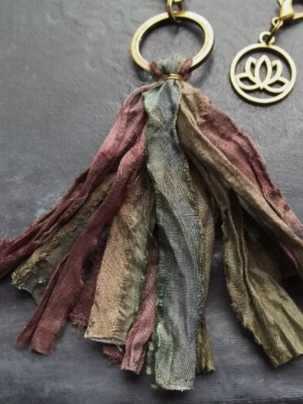 Boho Sari Silk Tassel Keychain Detachable Lotus Charm Recycled Fabric Charm - Picture 2 of 5
